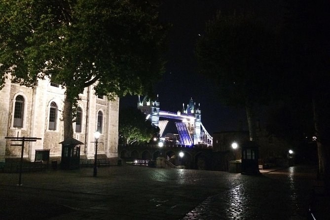 An unlit riverside path at night with bare trees overhead and the floodlit Palace of Westminster in the distance