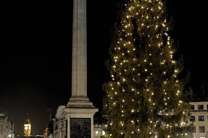 The Trafalgar Square Christmas tree lit with white lights at night, Nelson's Column rising beside it